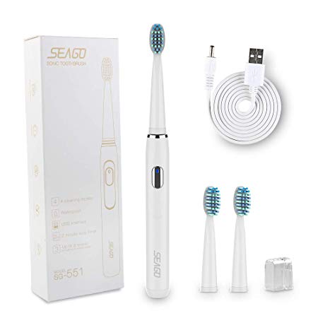 Seago Sonic Electric Toothbrush for Kids and Adult USB Rechargeable with 4 Modes, Smart Battery Reminder，Charged 3Hours at Least 30 Days Use with 2 Mins Timer and 3 Replacement Heads SG-551 White