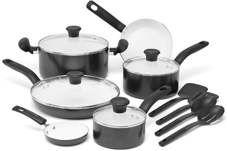 T-fal C921SE Initiatives Nonstick Ceramic Coating PTFE PFOA and Cadmium Free Scratch Resistant Dishwasher Safe Oven Safe Cookware Set, 14-Piece, Black