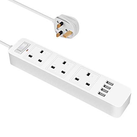 Extension Lead, GotechoD Power Strip with 3AC Outlets plus 4 USB Ports UK Surge Protector with Overload Protection Switch 6.5ft Cable for Home Office Desktop (White)