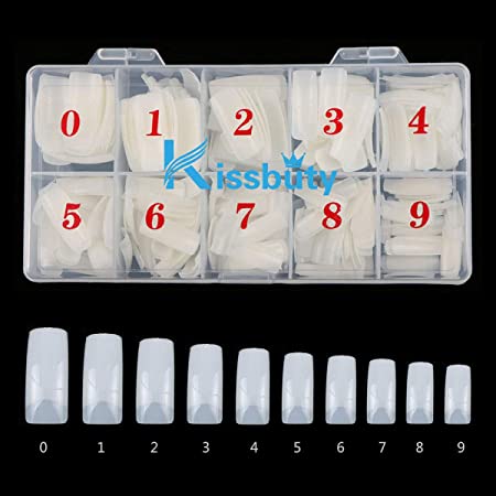 Kissbuty 500 Pcs Half Cover Natural Color False Acrylic Nail Art Tips 10 Sizes With Box Perfect Length for Nail Salons and DIY Nail Art at Home(Natural Half Cover)