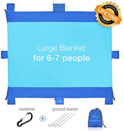 multifun Sand Free Beach Blanket, Oversized Quick Drying Beach Mat, Waterproof Compact Picnic Blanket with 8 Pockets & 4 Stakes, Lightweight & Durable Outdoor Family Mat for Travel, Hiking, Camping