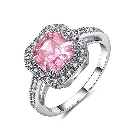 Castillna Sterling Silver Asscher Cut Created Pink Sapphire Engagement Ring