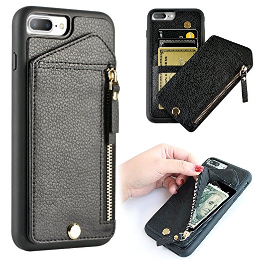 iPhone 8 Plus Zipper Wallet Case, iPhone 7 Plus Card Holder Case, ZVE Shockproof Leather Case with Card Holder for Apple iPhone 8 Plus (2017) / iPhone 7 Plus (2016) - Black