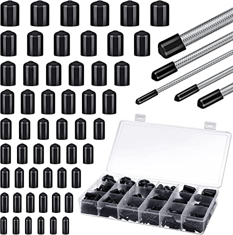 300 Pieces Rubber Bolt Caps Rubber Caps for Bolts 9 Sizes Bolt Covers Caps Form 0.08 to 0.8 Inch and 1 Storage Box Thread Protector for Furniture Foot Pipe Tube (Black)