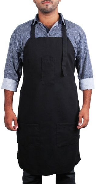 Black Bib Apron with Pockets - Kitchen Apron - Adjustable Neck Strap - Long Ties - by Utopia Kitchen