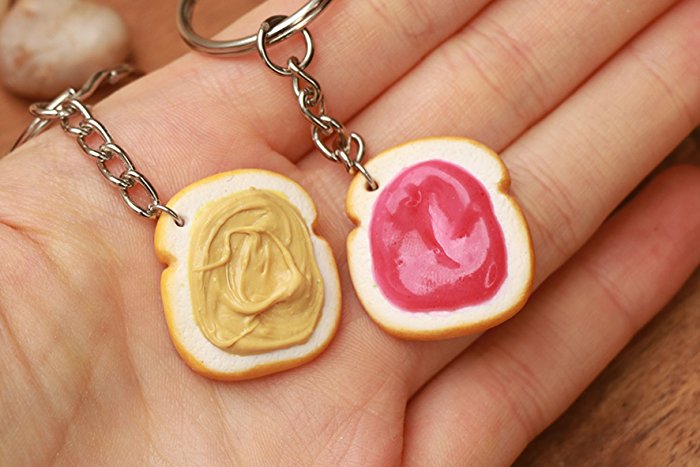 Strawberry jam peanut butter and jelly key chains or necklaces - food jewelry, bff, friendship keychain, bff keychain