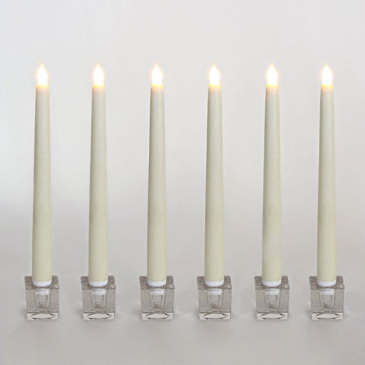Set of 6 Smooth Ivory 10" Flameless Wax Vigil Taper Candles with Glass Holders