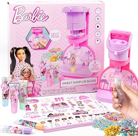 Barbie Sweet Shop Lip Gloss Making Kit, Makes 12 Accessories, Lip Glosses & Keychains, Arts and Crafts kit for Kids Ages 6 , Gifts for 6 Year Old Girl