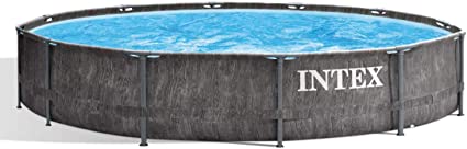 Intex 26749ST 12 Foot x 30 Inch Round Greywood Prism Steel Frame Premium Above Ground Pool Set with Filter Cartridge Pump & Pool Liner, Gray Woodgrain