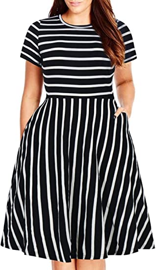 Nemidor Women's Round Neck Summer Casual Plus Size Fit and Flare Midi Dress with Pocket