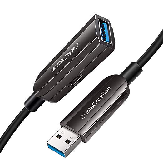 USB 3.0 Fiber Optic Cable 147ft, CableCreation Active USB 3.0 A-Male to A-Female Extension Cord with Micro USB Power Supply Port, High Speed 5Gbps, Zinc Alloy Black 45 Meters