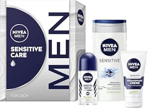 NIVEA MEN Sensitive Care Geschenkset, Pflegeset mit Pflegeprodukten für sensible Haut, Geschenkbox mit Pflegedusche, Gesichtspflege Creme und Deo für Herren