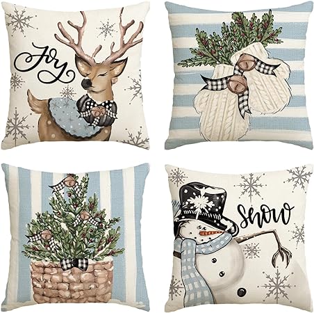 AVOIN colorlife Christmas Snowman Reindeer Gloves Eucalyptus Blue Throw Pillow Covers, 16 x 16 Inch Winter Holiday Stripes Cushion Case Decoration for Sofa Couch Set of 4