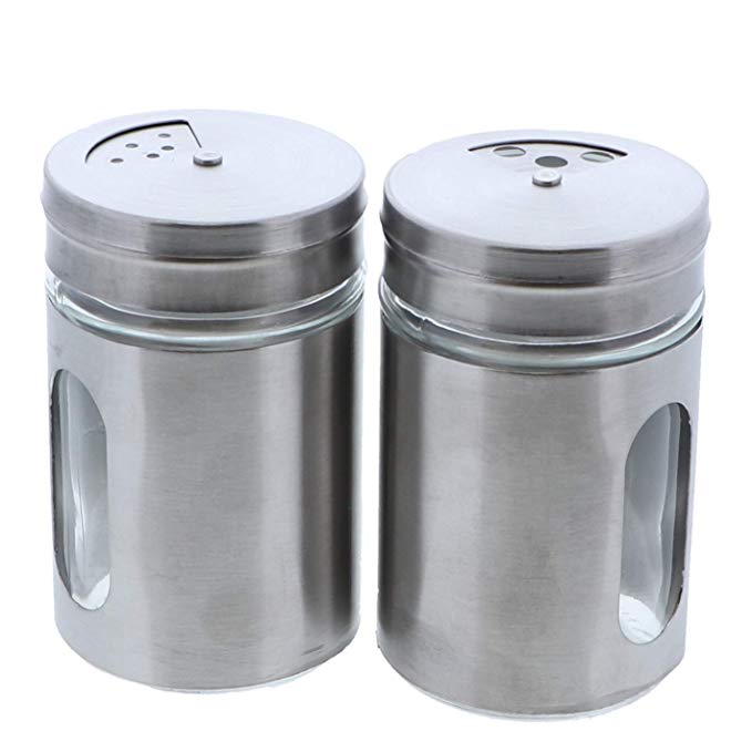 Silver Salt Pepper Shakers Retro Spice Jars Glass - Set of 2