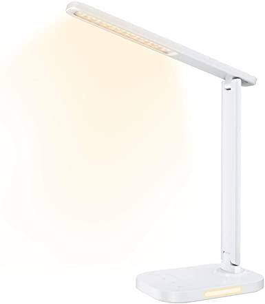 TOPELEK LED Desk Lamp,Eye-Caring Table Lamps with Night Light,Dimmable Office Lamp with USB Charging Port,10 Brightness Levels × 5 Color Modes,1H Timer, Touch Control,Desk Light for Reading,Work,Study