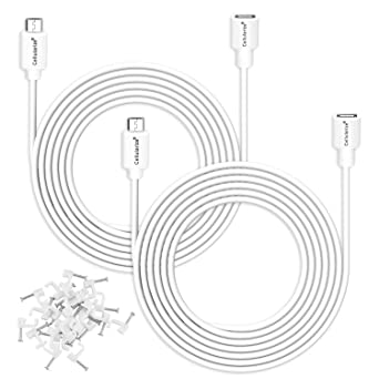 Cellularize [2 Pack] Micro USB Extension Cable (White, 5M/16FT) Male to Female Extender Power Cord Compatible with WyzeCam Wireless Security Cameras, Arlo Pro (Cable Clips Included)