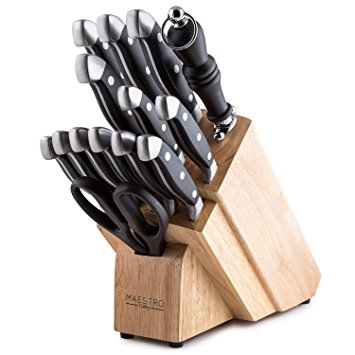 Maestro Cutlery Volken Series German High Carbon Stainless Steel 15 Piece Professional Knife Set with Knife Block Stand