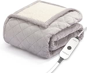 Sunbeam Quilted Royal Posh Velvet Reverse Sherpa Heated Throw Electric Blanket, 50" x 60", 4 Heat Settings, 4-Hour Auto Shut-Off, Warming Cozy Throw for Couch, Sofa or Bed, Machine Washable, Dove Grey