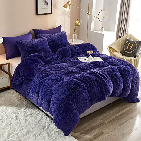HAOK Plush Shaggy Duvet Cover Set - 5 Pieces Faux Fur Fluffy Bed Sets (1 Shaggy Duvet Cover   2 Shaggy Pillow Shams   2 Pillowcases), Crystal Velvet Fuzzy Comforter Cover Bedding Sets(King, Purple)