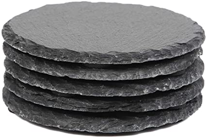 Slate Stone Drink Coasters - Set of 5 Round Black Natural Edge Stone Drink Coasters for Bar and Home- 4" x 4"