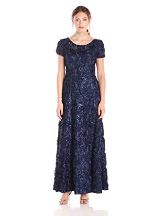 Alex Evenings Womens Long A-Line Rosette Dress with Short Sleeves and Sequin Detail