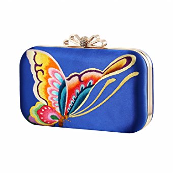 Chinoiserie Butterfly Embroidery Women's Clutches Party Evening Bag -Blue