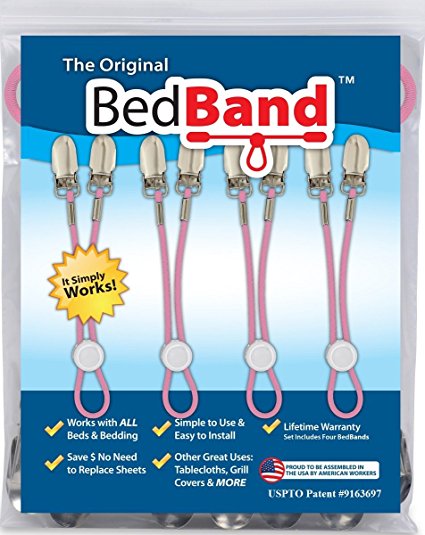 Pink- BedBand Not Made in China. 100% USA Worker Assembled. Bed sheet holder, gripper, suspeder/strap. Smooth sheets on any bed. Patented