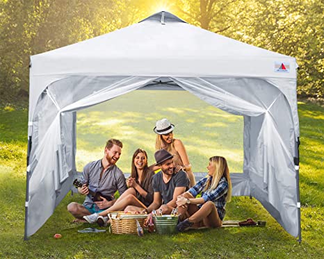 ABCCANOPY Canopy Tent Compact Outdoor Canopies 10x10 Instant Shelter Portable Canopies with Wheeled Backpack Carry Bag and Mesh Walls, Bonus Extra 4 Weight Bags, 4Ropes& 4Stakes,White