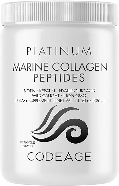 Codeage Marine Collagen Protein Powder Supplement, Biotin 10,000 mcg, Vitamin C, D3 & B6, Keratin, Hyaluronic Acid, Niacin, Wild Caught Hydrolyzed Fish Collagen Peptides, Hair, Skin, Joints, 11.50 oz