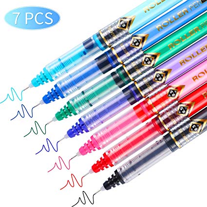 Rolling Ball Pens Colour Pens, Assorted Colors Quick-Drying Ink, Black, Pink, Dark Blue, Light Blue, Green, Purple, Red, Skip-Free Writing, 0.5 mm Extra Fine Point Pens Rollerball Pens (7 Pieces)