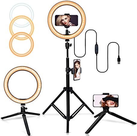10" Selfie Ring Light with Adjustable Tripod Stand, 3 Modes 10 Brightness Levels with 120 LED Bulbs 5500K, LED Ring Light with Phone Holder for Vlogs, Live Stream, Phone,YouTube,Self-Portrait Shooting