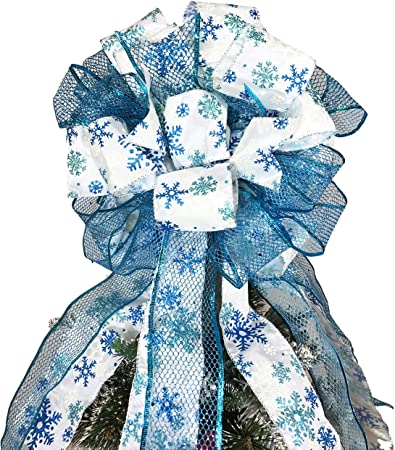 FLASH WORLD Christmas Tree Topper,27x12 Inches Large Toppers Bow with Streamer Wired Edge for Christmas Decoration (Blue)