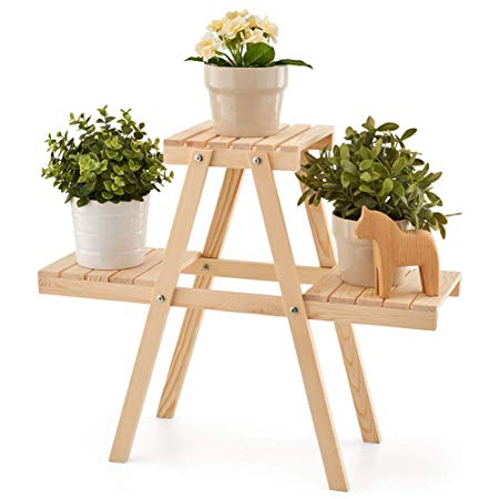 EZOWare Plant Rack, Wood Stepping Style Flower Leaves Pot 3 Shelves Stand for Indoor Outdoor Garden Greenhouse