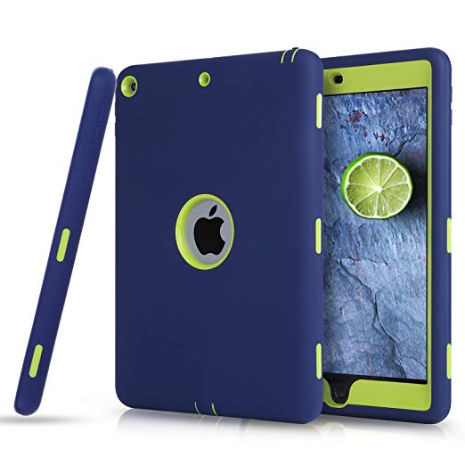 Case for iPad 9.7 2017/2018, DUEDUE 3 in 1 Heavy Duty Rugged Shockproof Full Body Protective Anti Slip Cases for New iPad 9.7 inch 5th/6th Generation Men/Women, Navy Blue/Green