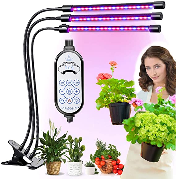 LED Grow Light for Indoor Plant - 60W Tri Head On Desk Plants Growing Lamp with 6 Dimmable Levels Auto Timer Perfect for House Garden Hydroponics Succulent Red Blue Spectrum Clip Adjustable Gooseneck