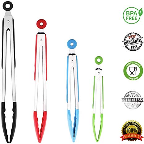 ChefNeno Silicone Tongs Stainless Steel Kitchen Tongs with Silicone Tips Set of Four - 7, 9, 12, and 14 Inch Non Stick Silicone Tongs for Cooking Grilling Barbecue BBQ and Serving Salad, 4 Pack