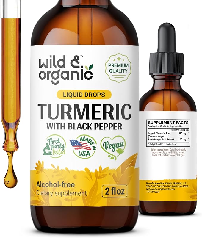 Turmeric Liquid Extract Supplement - Organic Turmeric Curcumin Drops with Black Pepper - Turmeric Root Tincture - Vegan, Alcohol Free - 2 fl oz