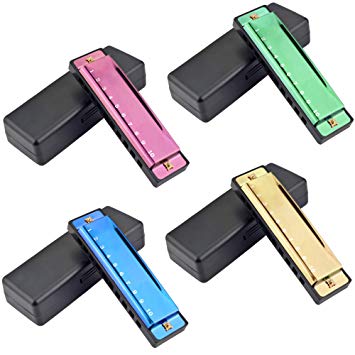 4PCS Key of C 10 Hole Titanium Color Harmonica with Case for Beginner Students Kids（Gold, Purple, Green, Blue）