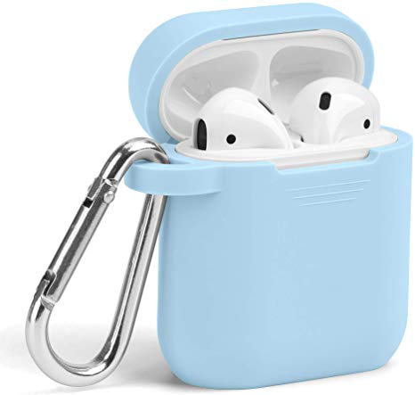 AirPods Case, GMYLE Silicone Protective Shockproof Wireless Charging Airpods Earbuds Case Cover Skin with Keychain Set Compatible for Apple AirPods 1 & 2 - Sky Blue