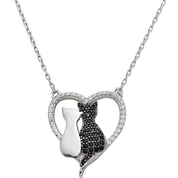 Sterling Silver CZ Open Heart With 2 Cat Necklace