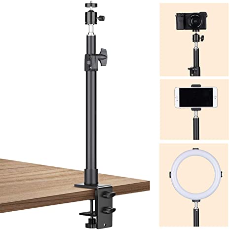 TARION Tabletop Light Stand Camera Clip Stand, 35-60cm Adjustable Table Mount Desk Mounting Lighting Monopod with 1/4 Screw and Extra 360° Ball Head, for Live Streaming Video Photography Shooting