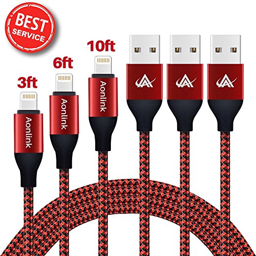 Aonlink iPhone Cable, 3Pack 3FT 6FT 10FT Nylon Braided Lightning to USB iPhone Charger Cord with Aluminum Connector for iPhone 7/7 Plus/6s/6s Plus/6/6Plus/5s/5c/5, iPad/iPod Models-Red black