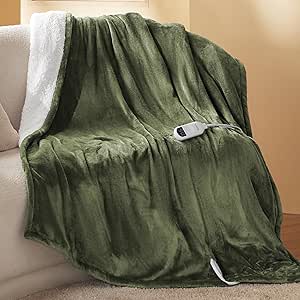 Bedsure Heated Blanket Electric Throw - Seamless Flannel Electric Blanket, Heating Blanket with 4 Time Settings & 6 Heat Settings, Warm Blanket Gift for Grandma (50x60 inches, Olive Green)