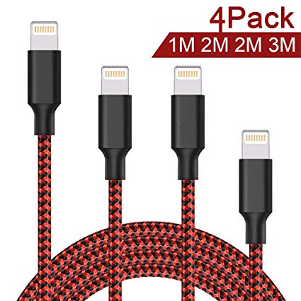 ONSON Lightning Cable, 4Pack 1M 2M 2M 3M Nylon Braided iPhone Charger Cable Charging Lead Cord USB Wire for for iPhone X/8/8 Plus/7/7 Plus/6S/6S Plus/6/6 Plus/SE/5S/5C/ SE, iPad Pro / Air / Mini, iPod Touch 5/6-Black Red