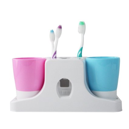 RC 2015 New Arrival Hands Free Toothpaste Dispenser Automatic Toothpaste Squeezer and Toothbrush Toothpaste Holder and Mug Stand Organizer Set with 2 Cups