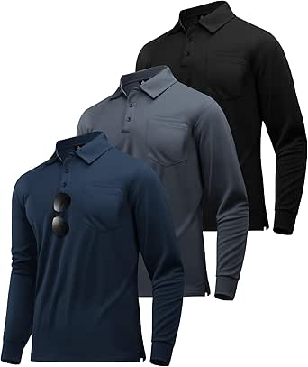 ZITY 3 Pack Long Sleeve Polo Shirts for Men with Pocket Moisture Wicking Outdoor Workwear Office Casual Collared Shirts Fall