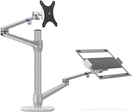 Thingy Club Dual Arm Monitor & Laptop Mount, Desk Mount Stand for up to 30 inch Computer Screen and 12-17 inch Laptop, Height Adjustable, Swivel at Any Angle, Each Arm Supports 8KG (Silver)