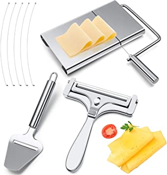 3 Pieces Stainless Steel Wire Cheese Slicer Adjustable Thickness Cheese Cutter Stainless Steel Butter Cutter with Serving Board for Kitchen Cooking Cutting Tools