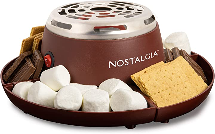 Nostalgia MyMini Indoor Electric Stainless Steel S'mores Maker with 4 Compartment Trays for Graham Crackers, Chocolate, Marshmallows and 2 Roasting Forks, Flameless