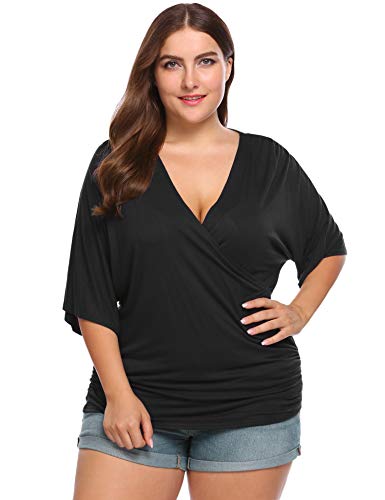 IN'VOLAND Plus Size Women V Neck Wrap Front Drape Tops Short Sleeve Pleated Waist Shirt Blouse